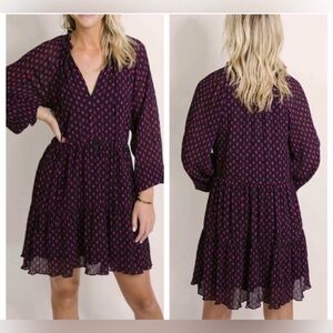 Lucy Paris Isola Black and Pink Print Tiered Long Sleeve Dress Size Small EUC